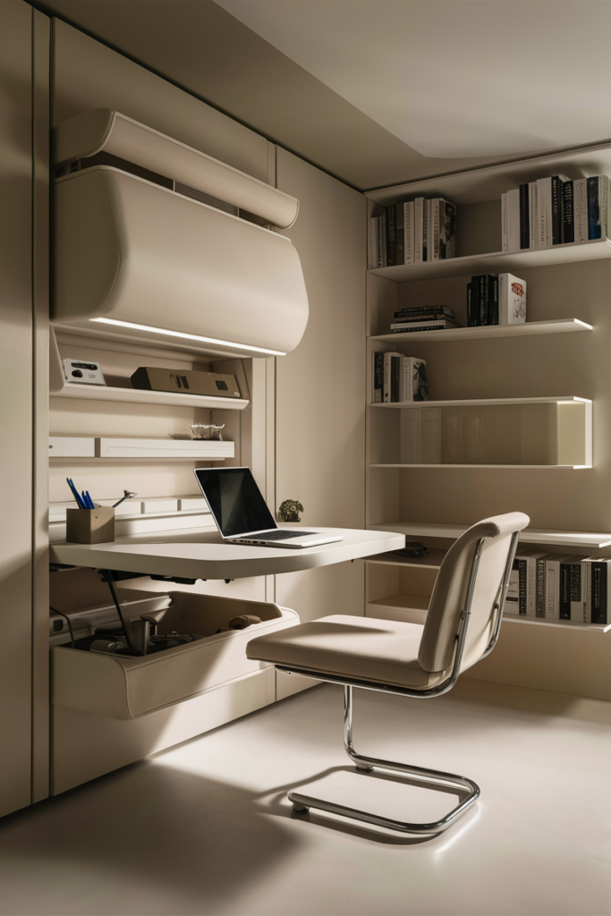 Compact multi-functional home office with space-saving furniture