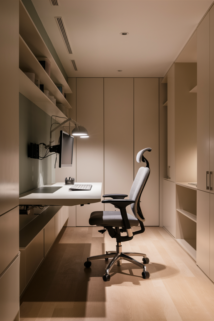 Floating desk home office setup mounted on the wall in a small space
