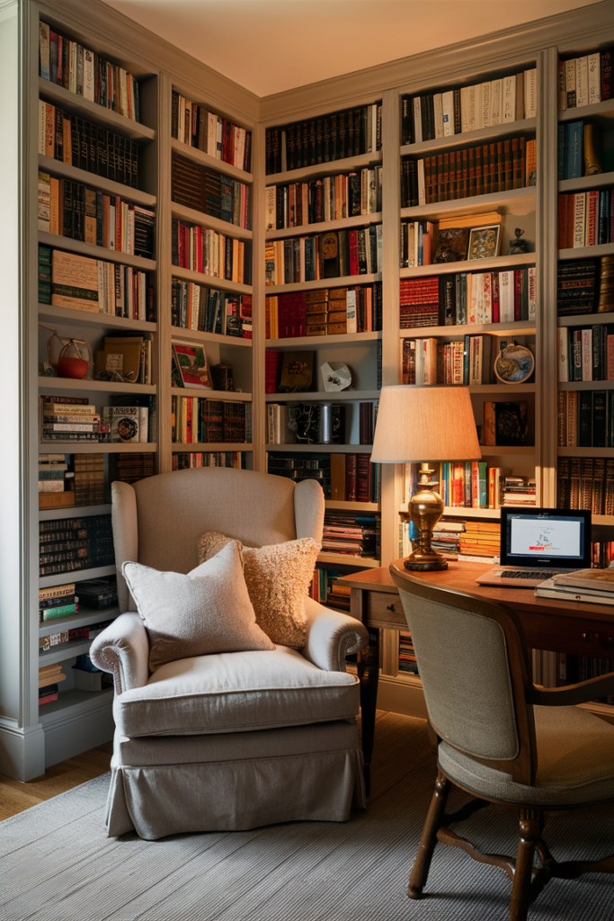 Luxurious library-style home office with floor-to-ceiling bookshelves
