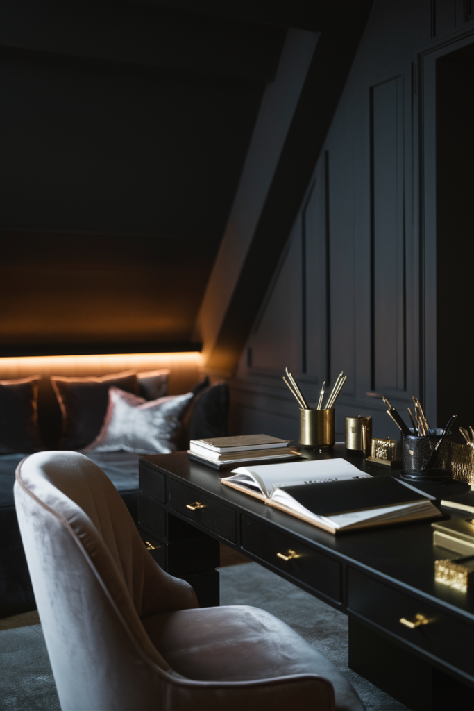 Modern glam home office with velvet furniture and metallic accents