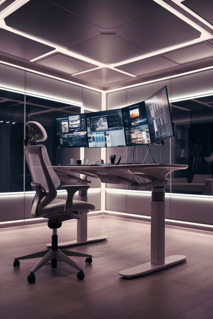 Smart tech home office with sleek furniture and integrated technology