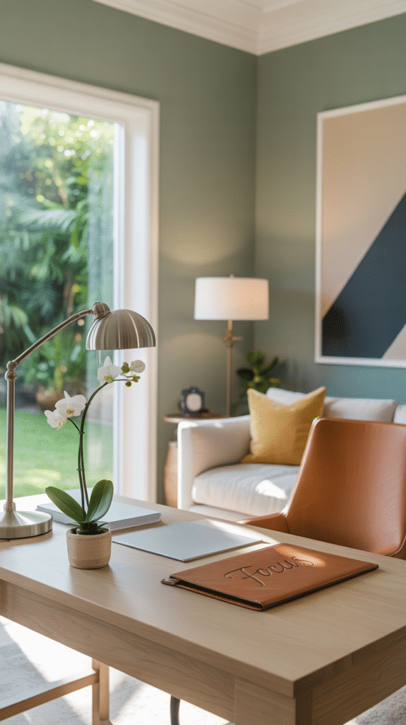 Home office styled with a calming color palette