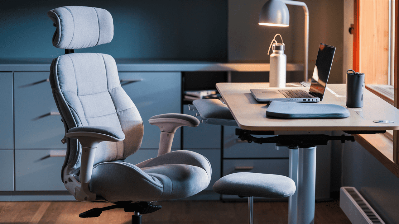 Modern, sleek home office setup with an ergonomic chair and adjustable desk