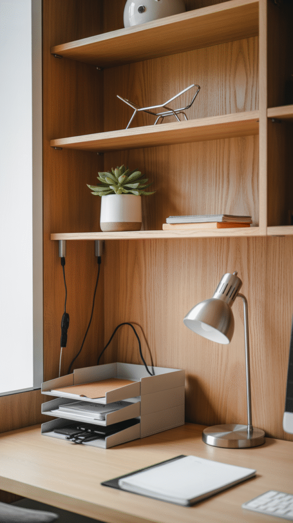 Organized home office with labeled storage bins and shelving