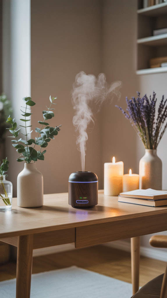 Home office with a scented candle on the desk for ambiance