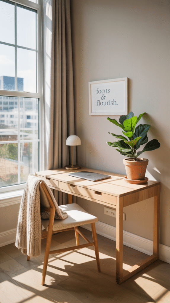 Small wood desk positioned by a bright window with a cozy knit sweater draped on the chair, a fiddle leaf fig and a framed Focus and Flourish print