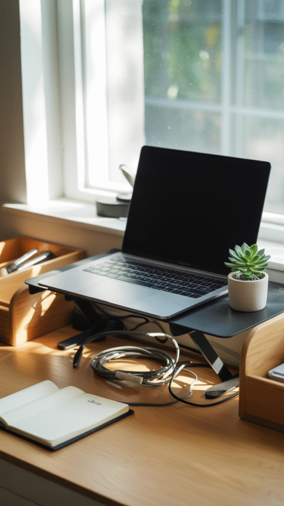 Minimalist desk with a laptop on a stand, tidied cables, a small succulent and an open notebook near a sunny window