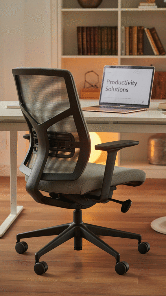 Black ergonomic mesh office chair in front of a white desk with a laptop and bookshelf in a warmly lit home office