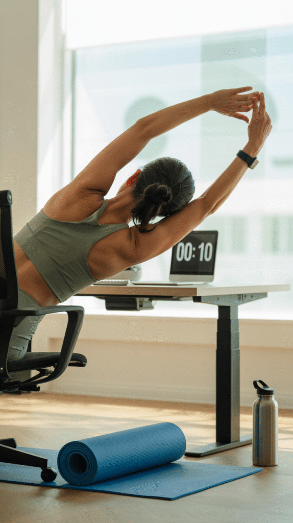 Woman stretching beside a standing desk with a countdown timer on the laptop screen, a rolled yoga mat and water bottle on the floor