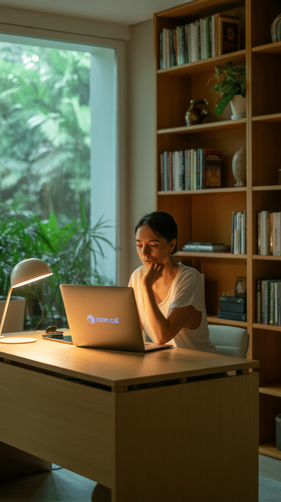 Woman working on a laptop lit by a warm desk lamp at dusk in front of a tall bookshelf with a plant