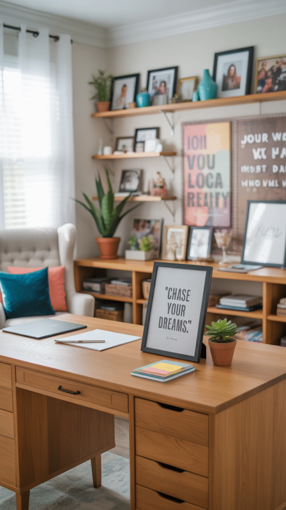 Wood desk with a framed Chase Your Dreams quote print, a small succulent and shelves styled with photo frames and plants behind