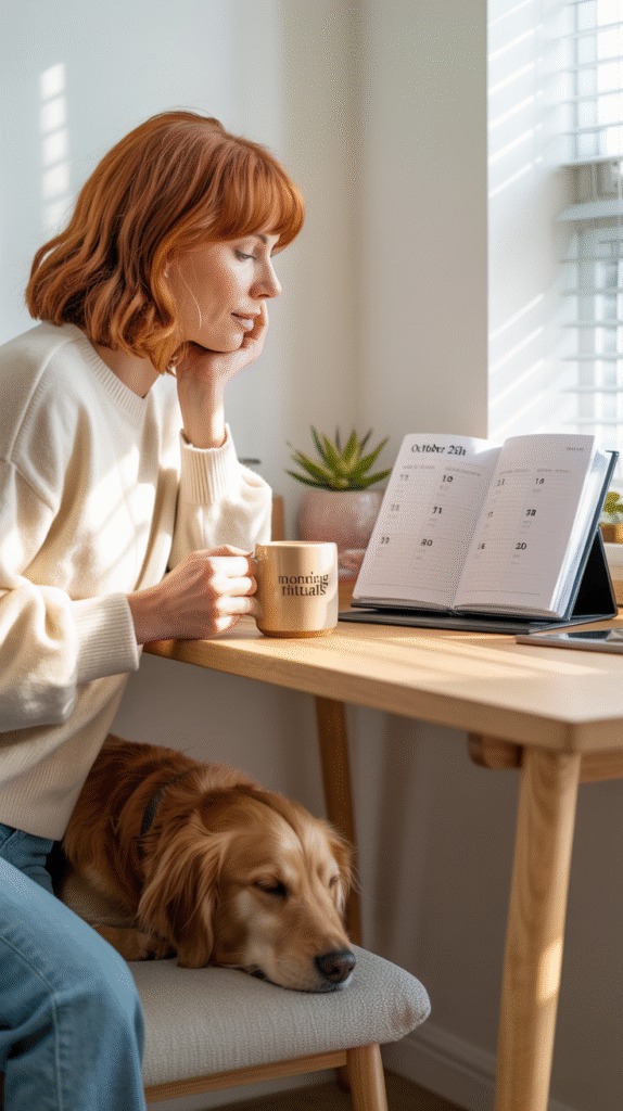 Woman with a morning rituals mug reading a planner at a wood desk while a golden retriever rests on the chair beside her