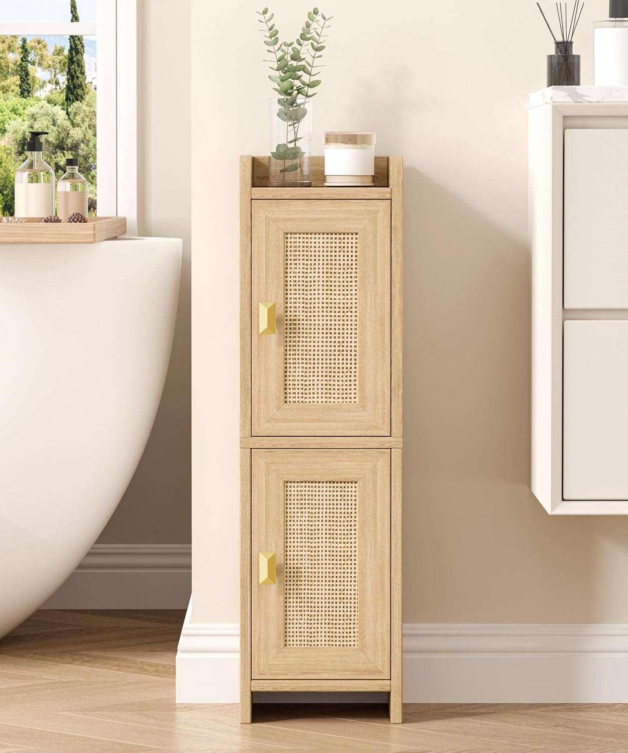 Akxomel Rattan Narrow Bathroom Cabinet, Toilet Paper Organizer, Oak
