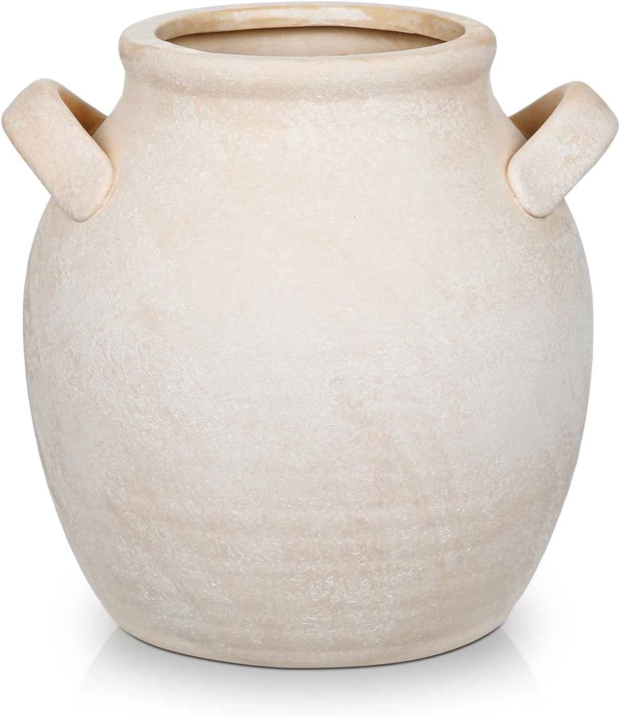 Beige Ceramic Flower Vase with Handles, Farmhouse Rustic Vase