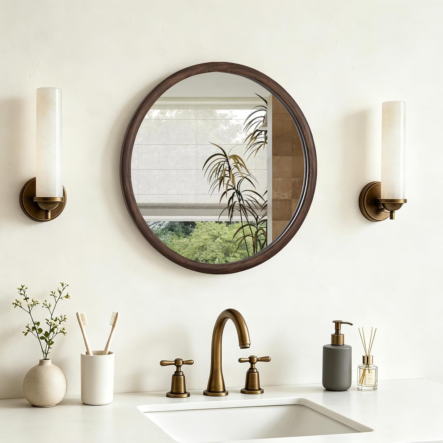 HOMECOOKIN 24 Inch Round Mirror, Farmhouse Wood Grain Framed Wall Mirror