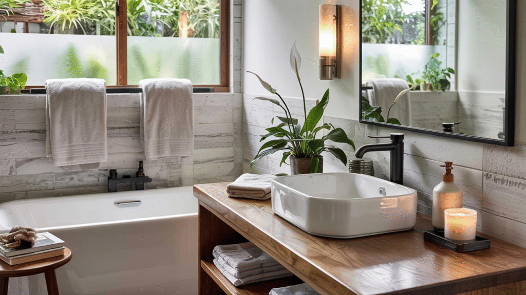 Serene Japandi bathroom combining minimalism and warmth