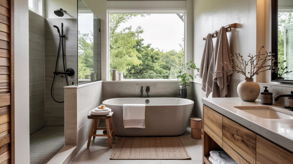 Soft neutral color palette defining a Japandi bathroom design