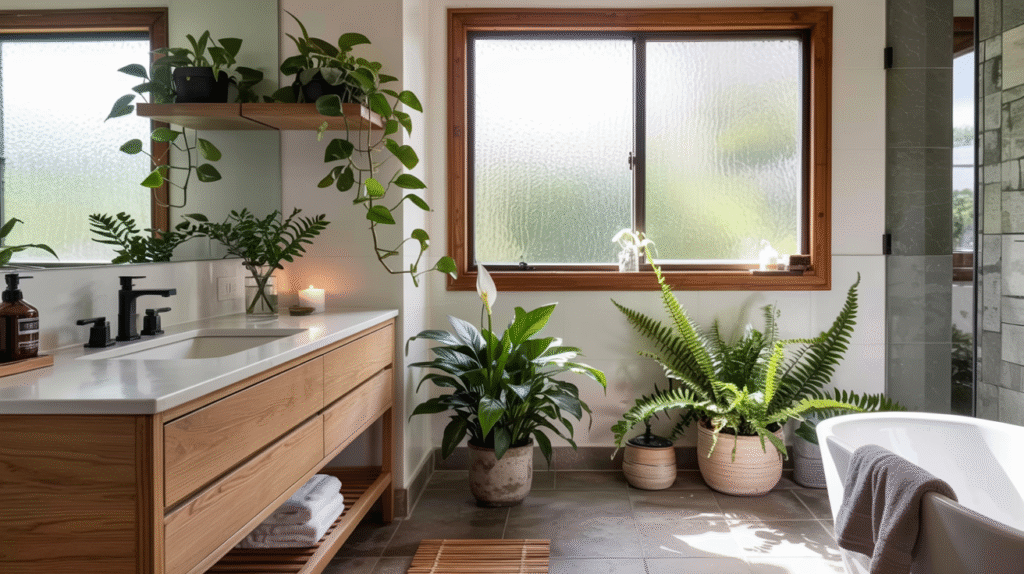 Japandi bathroom enhanced with a single thoughtfully placed plant