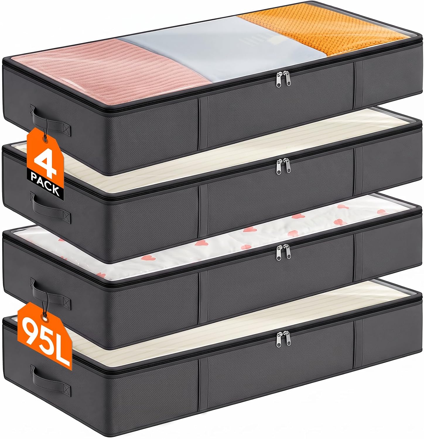 Lifewit 95L Under Bed Storage Containers, 4 Pack, Blanket Organizer, Gray