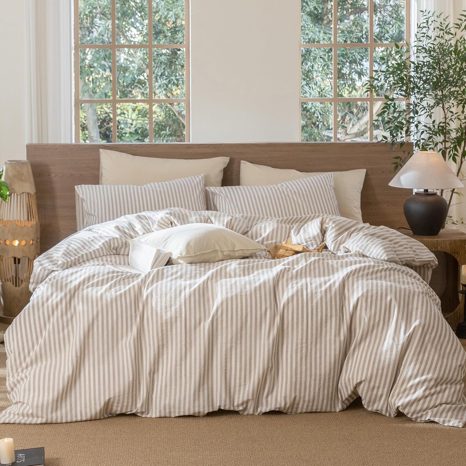MooMee Striped Duvet Cover Set, Queen, 100% Washed Cotton, Linen-Like