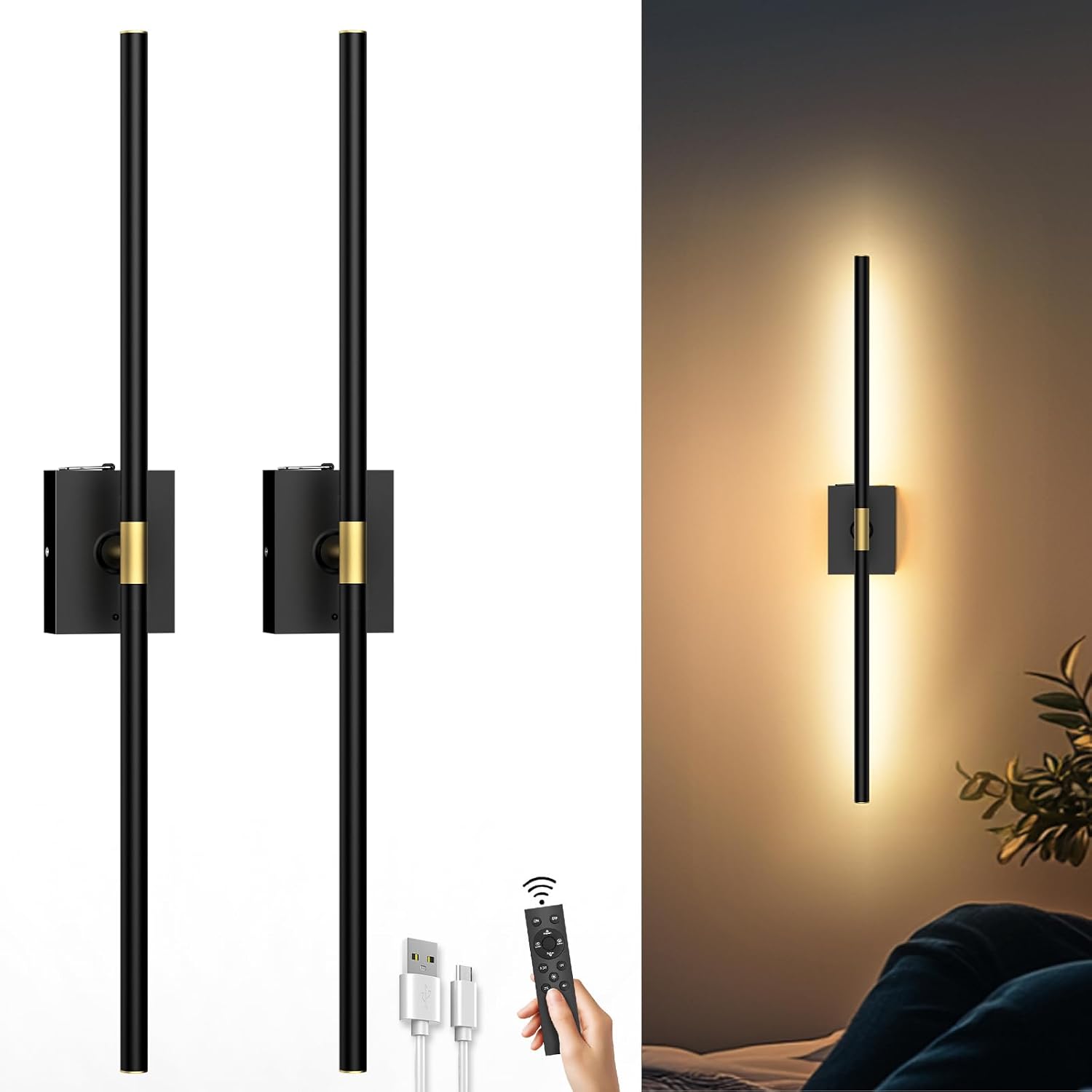 iThird Battery Operated Wall Sconces, Set of 2, 10000mAh, Black