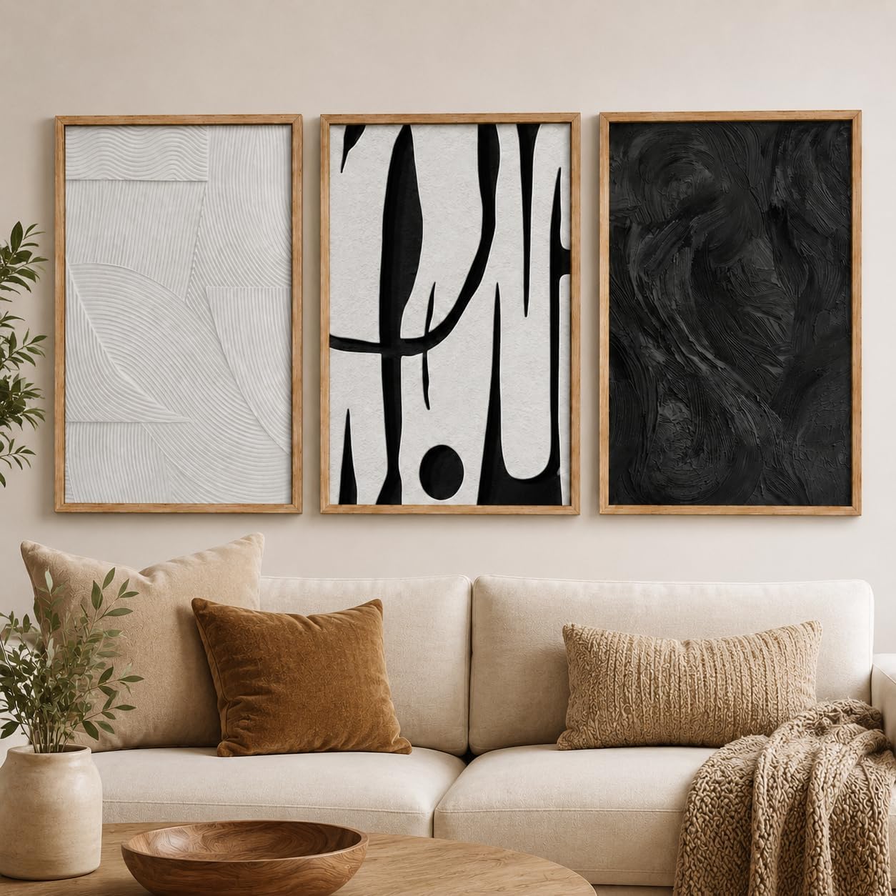 Framed Black and White Textured Abstract Canvas Wall Art, 3 Pcs, 12 x 16 Inch