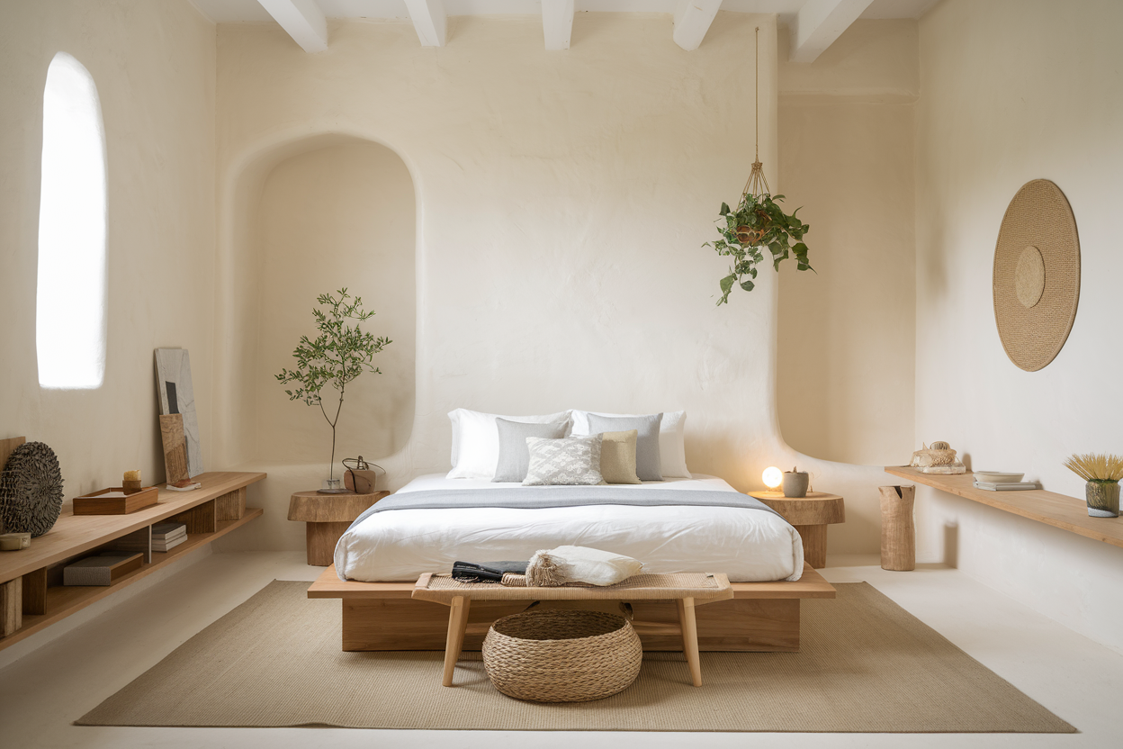 Minimalist Japandi bedroom with a calm, peaceful atmosphere