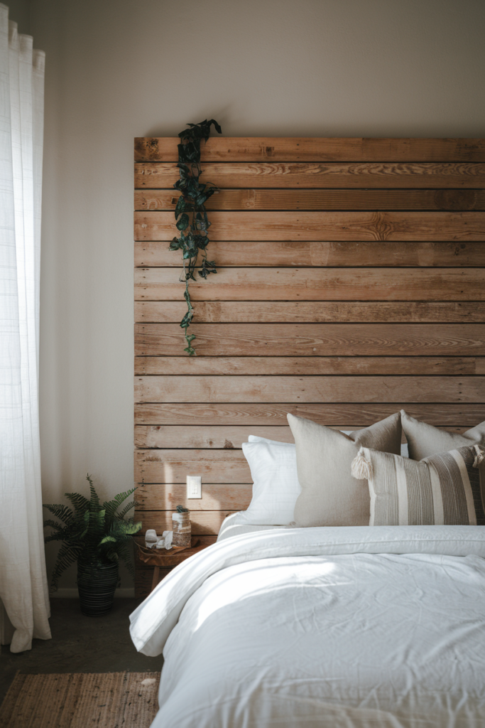 Statement wooden headboard anchoring a Japandi bedroom