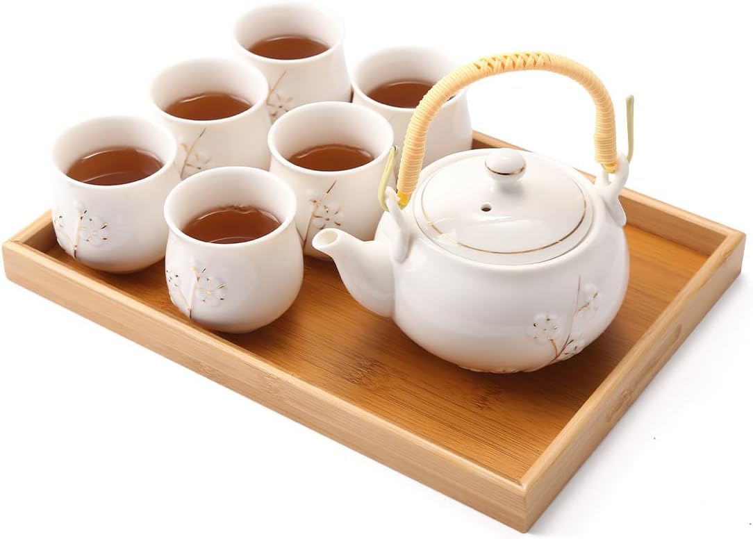 Dujust Japanese Style White Porcelain Tea Set with Tray