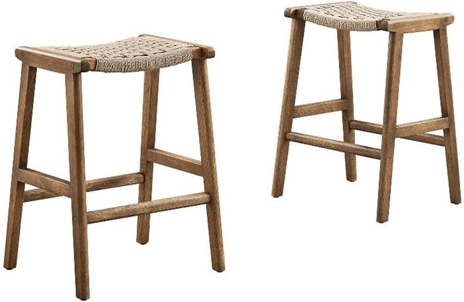 Modway Saoirse Woven Rope Wood Counter Stool, Set of 2, Walnut Natural
