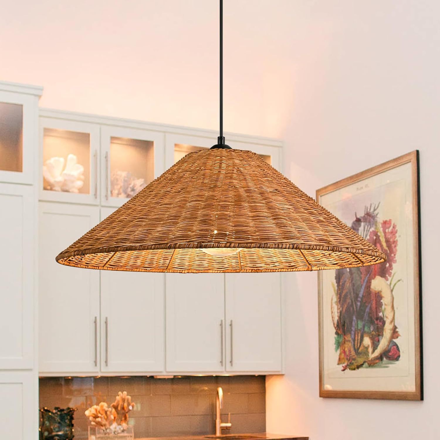 Lingkai 23.6 Inch Woven Rattan Dome Chandelier, Hand Woven Pendant