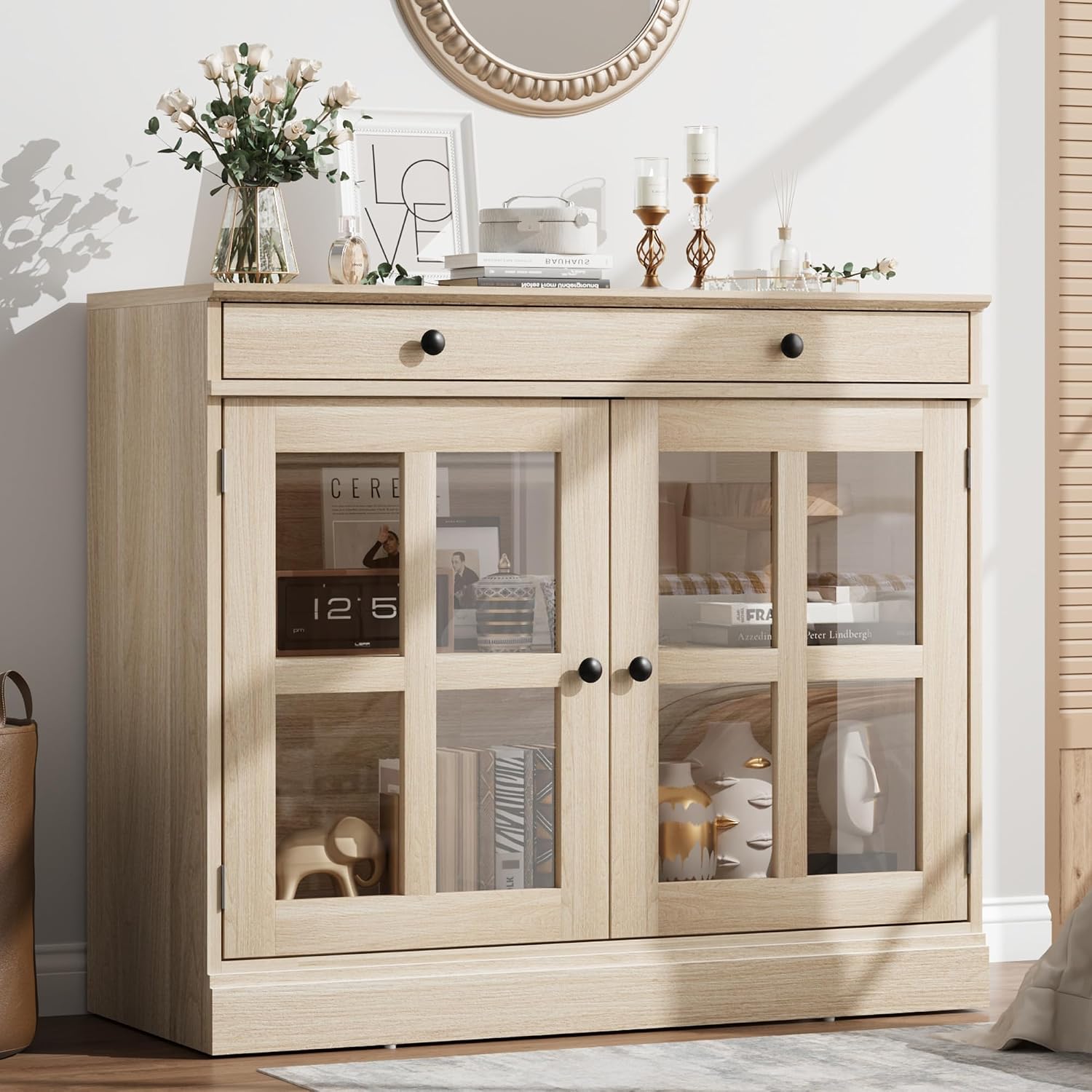 GarveeHome Modern 35.4 Inch Sideboard Buffet Cabinet with Glass Doors, Oak
