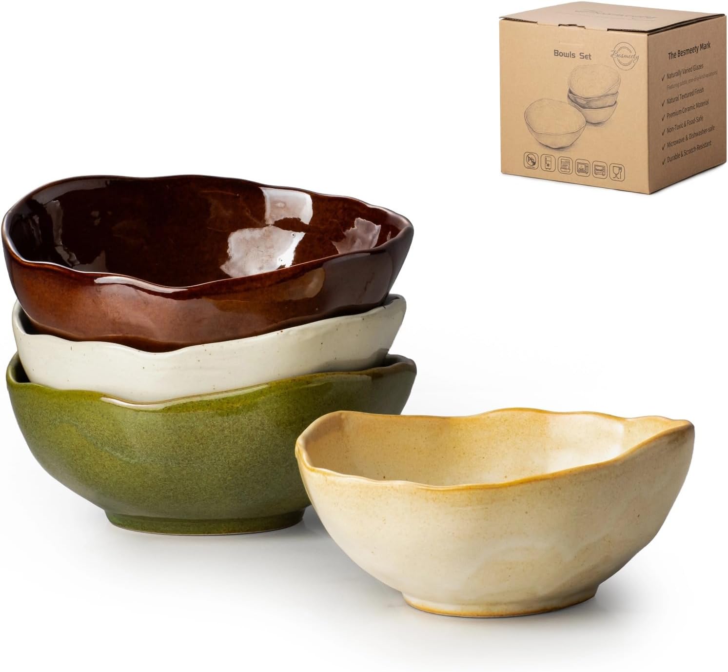 Besmeety Stoneware Cereal Bowls, Set of 4, 18 Oz, Handmade Style