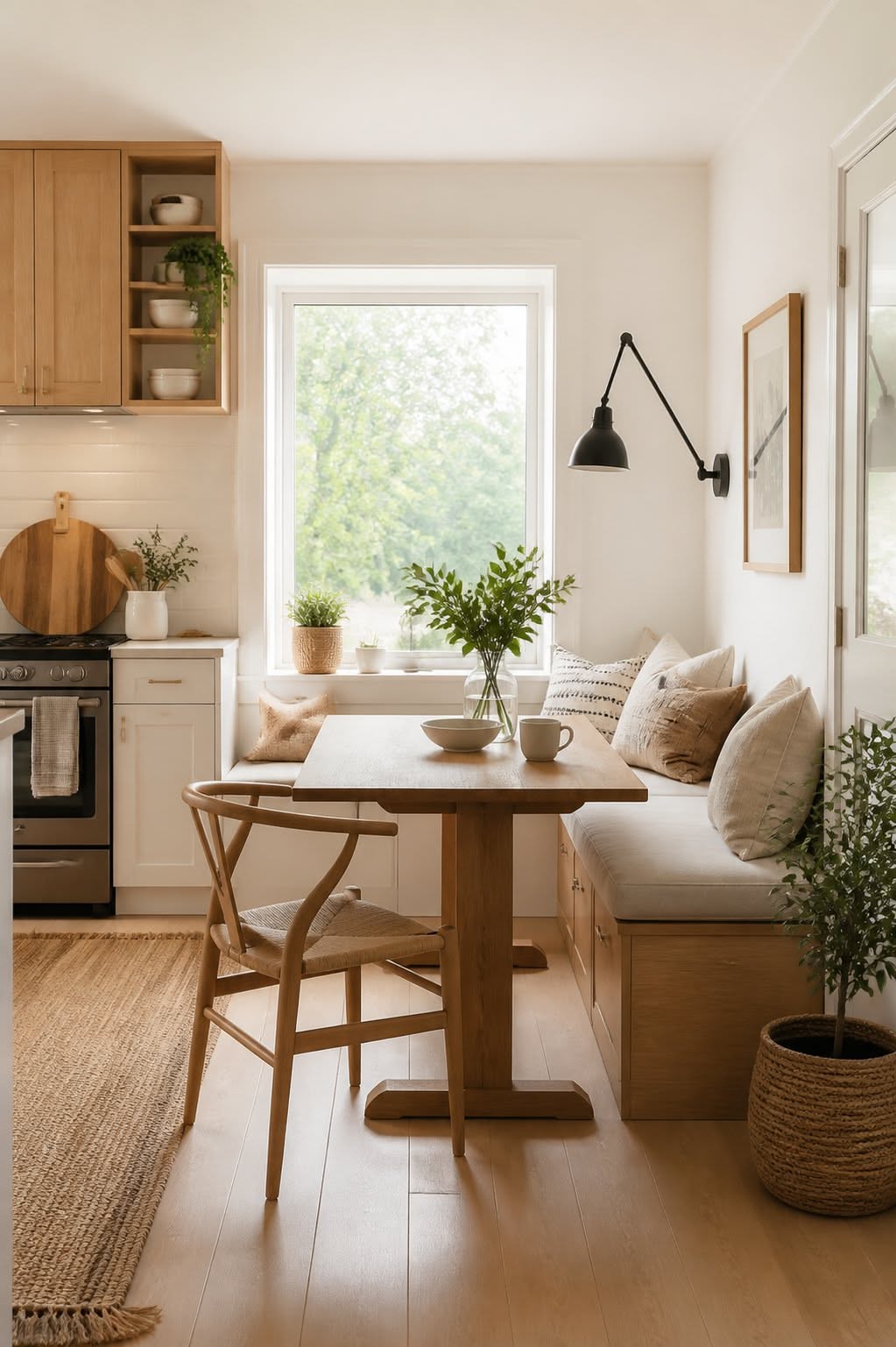 Built-in dining bench with linen cushions and pillows beside a wood table, a wishbone chair and a window full of greenery