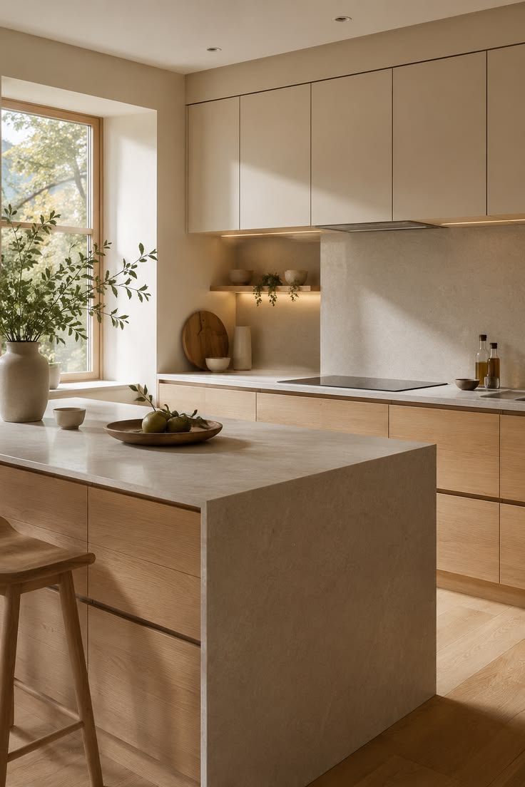 Flat-panel light oak cabinets with a concrete-look waterfall island countertop and integrated recessed pulls