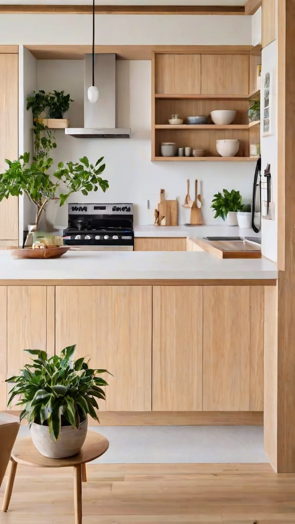 Kitchen filled with potted plants on the counter, shelves and a side table beside open corner shelving with ceramics