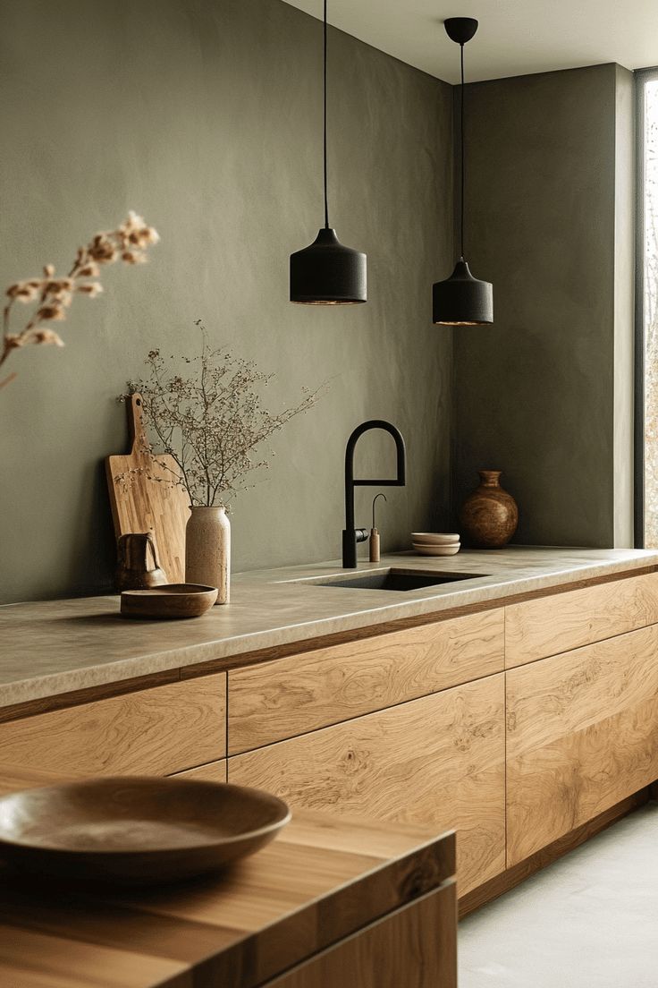 Olive green plaster kitchen wall with black dome pendant lights, a black faucet and warm wood cabinetry