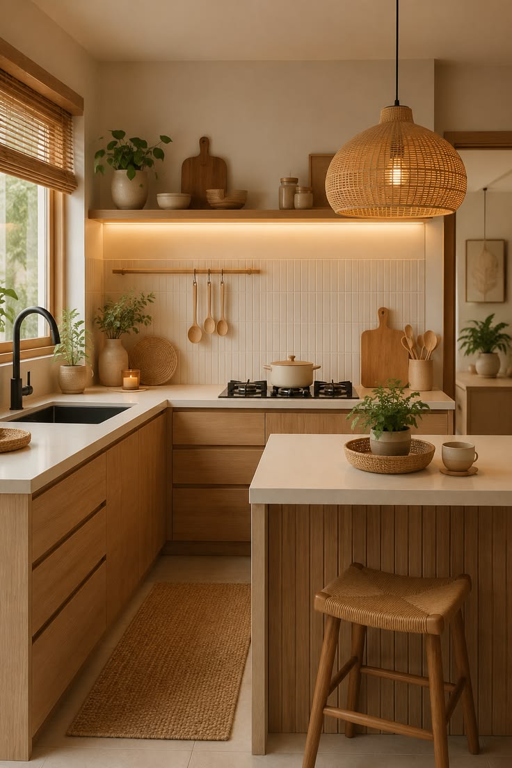 Kitchen corner with a rattan dome pendant, fluted cream tile, open wood shelving and a woven counter stool