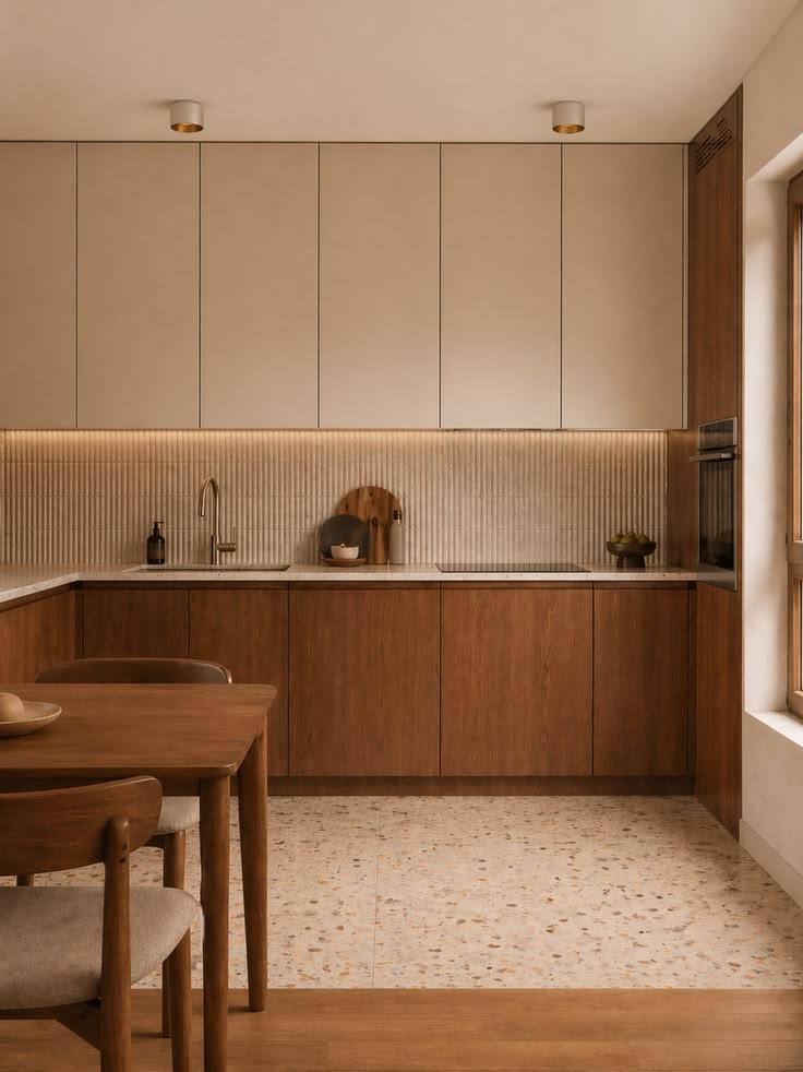 Kitchen with dark walnut lower cabinets and warm white upper cabinets beside a fluted tile backsplash and terrazzo floor