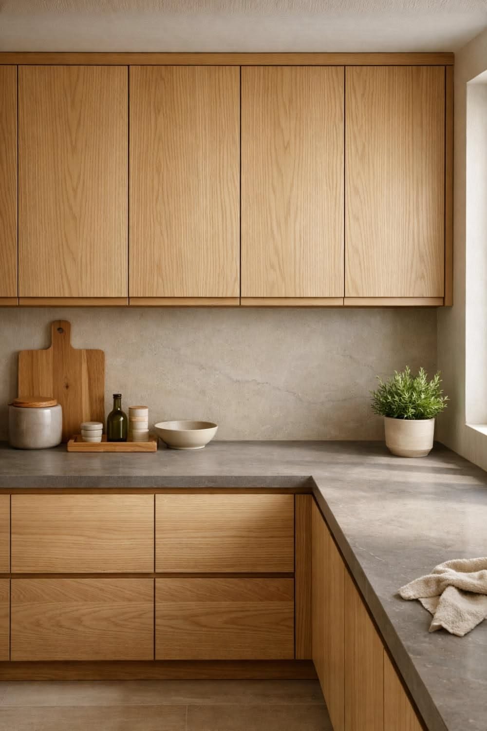 Handleless light oak cabinets with a softly veined gray stone countertop and a small potted plant