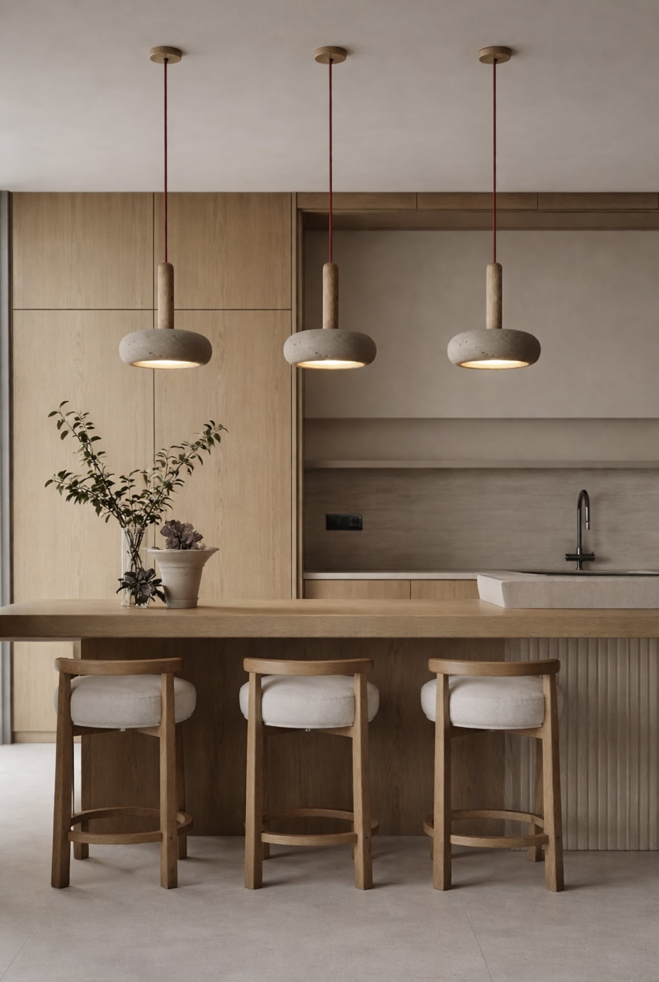 Greige kitchen wall with three stone and wood pendant lights over a wood island with upholstered wood stools