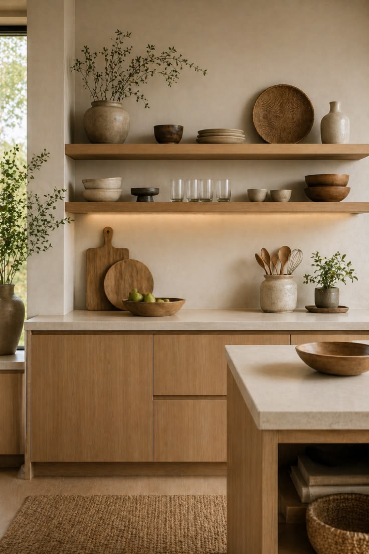Open wood shelving styled with a large handmade ceramic vase, wood bowls, a woven basket and cutting boards