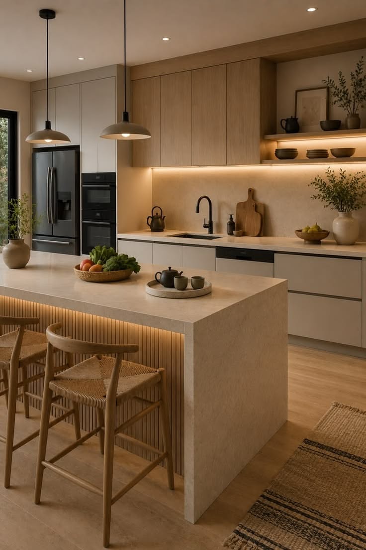 Kitchen countertop styled with a ceramic teapot set, cutting board and fruit bowl beneath warm under-cabinet lighting