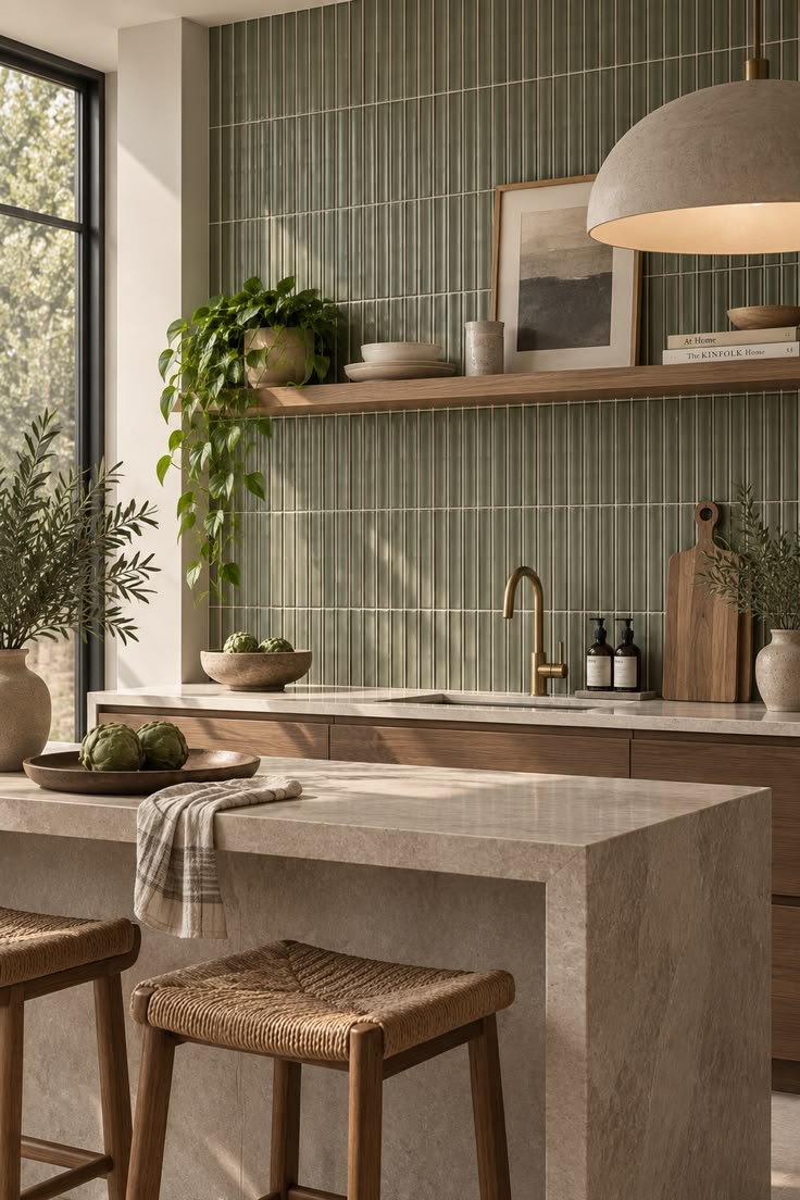 Sage green fluted zellige-style backsplash tile behind a floating wood shelf and a waterfall stone island with woven stools