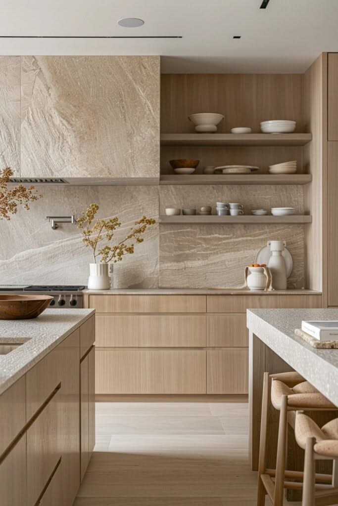 Dramatic natural stone slab backsplash and hood beside open wood shelving styled with white ceramics
