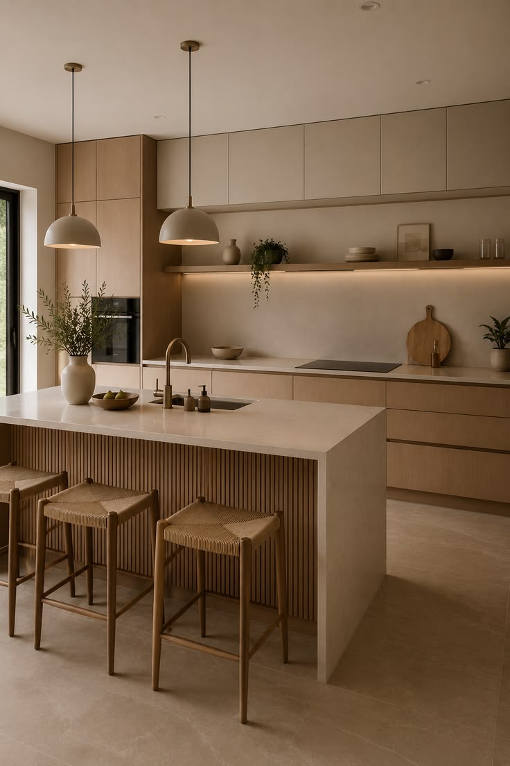 Fluted wood island with woven rope-seat wood bar stools and brass pendant lights over a dark stone floor