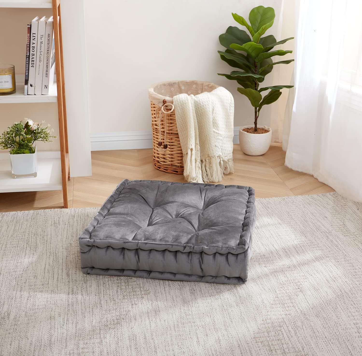 Sweet Home Collection Large Square Tufted Floor Pillow, Faux Velvet