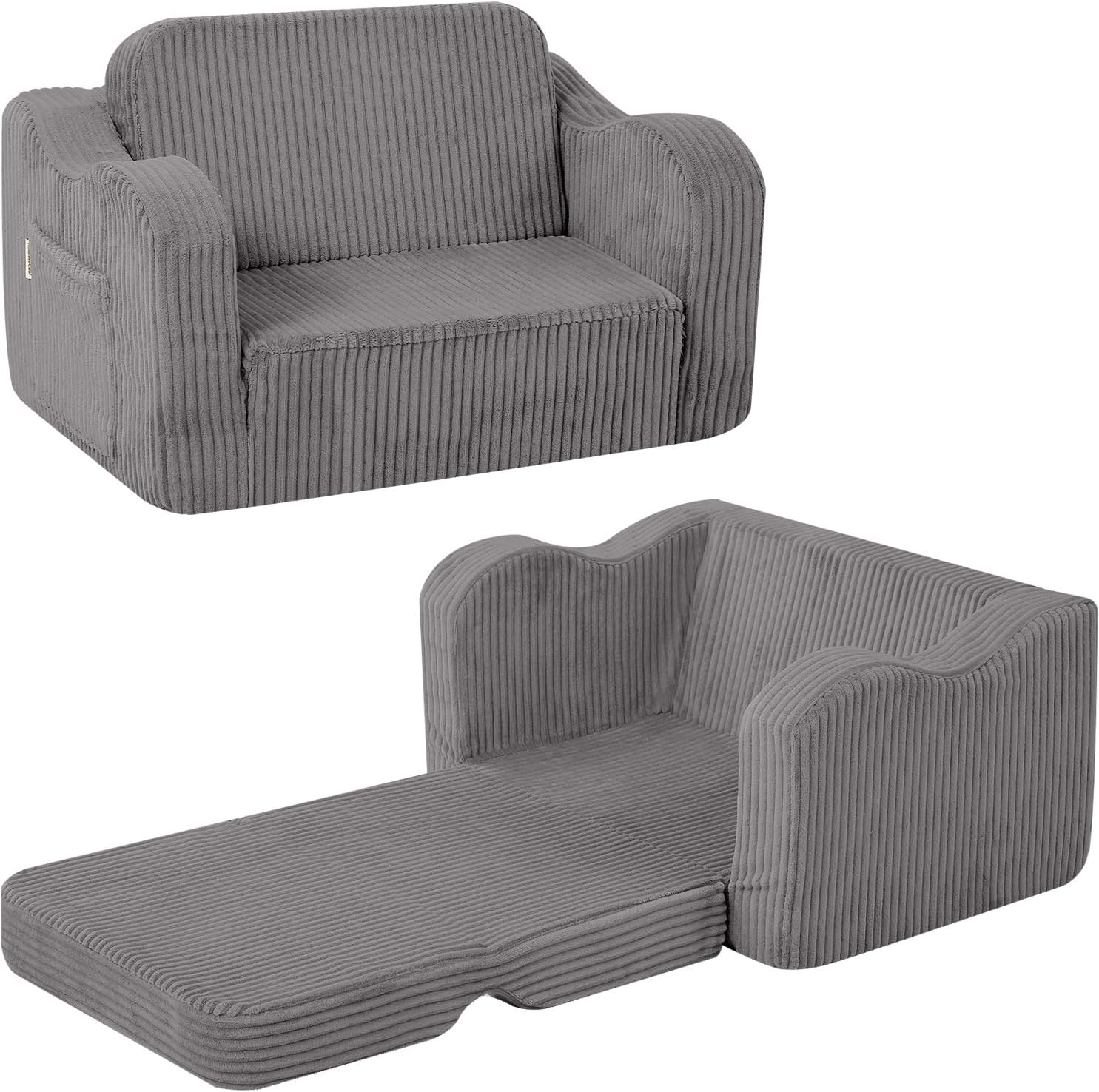 MeMoreCool Kids Chair, 2-in-1 Corduroy Fold Out Sofa, Foam Seat, Light Grey