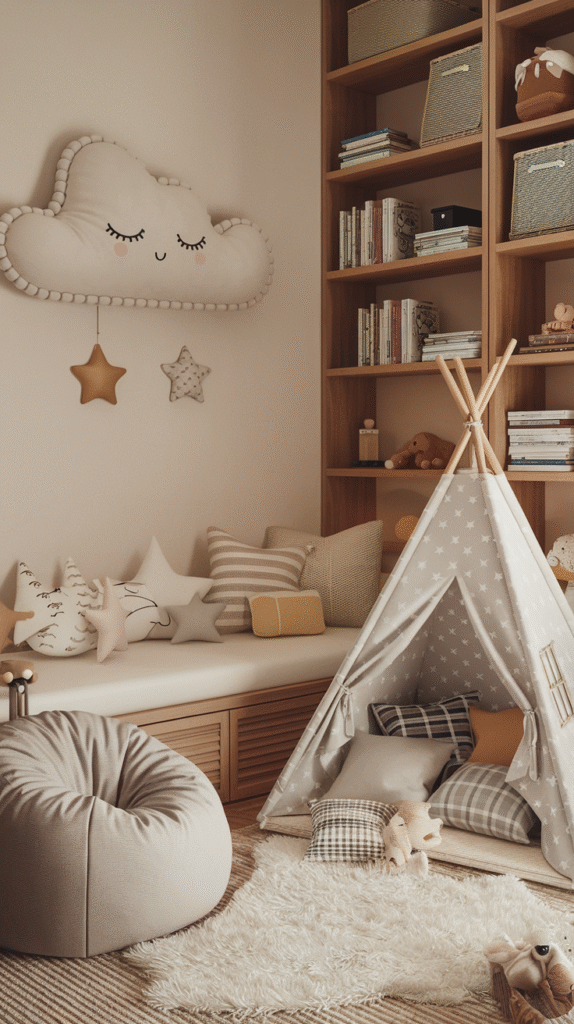 Cloud-shaped cushion and star pillows on a bench beside a fabric teepee tent filled with plaid cushions and a stuffed bear on a shaggy rug