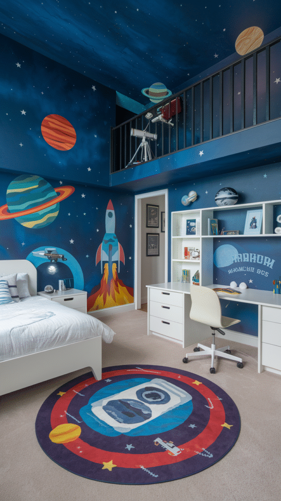 Boy's bedroom with a hand-painted galaxy mural, rocket ship and planets on the walls and ceiling, a loft railing, a white desk and a round space-themed rug